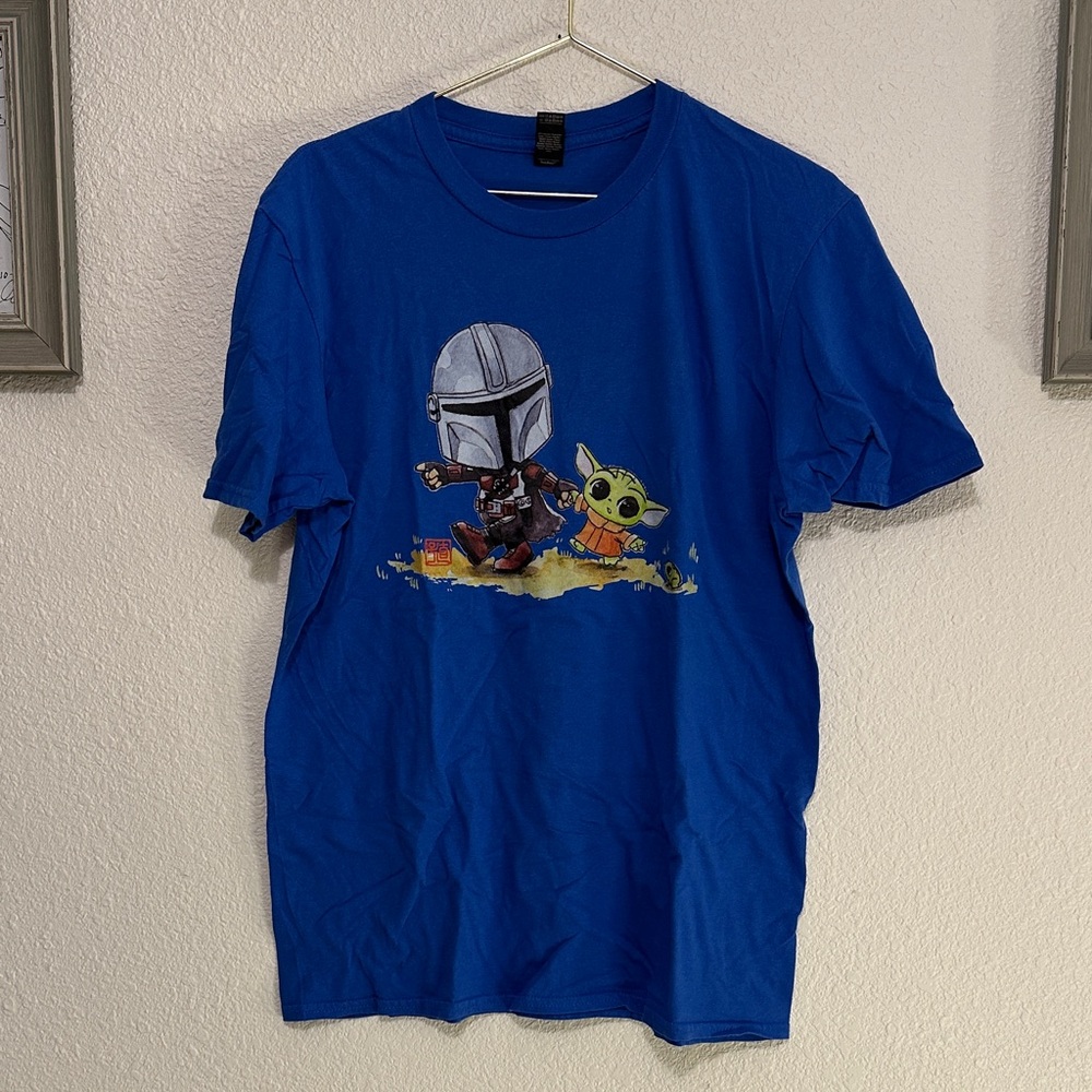 Star Wars Mandalorian Gildan Blue Lightweight T-Shirt with Mando and Grogu